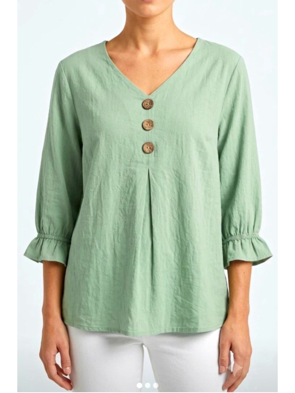 Light Sage Green Relaxed Fit V-Neck Blouse with Wooden Buttons – Size S